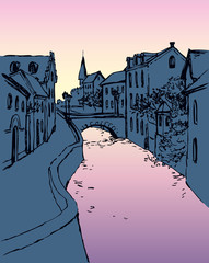 Vector sketch of the narrow medieval street with bridge over the canal