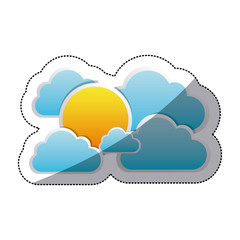 sticker cloudscape with cumulus shape and sun vector illustration