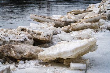 Pieces of ice in the river in spring - debacle /  crushed - melting ice
