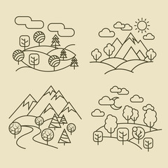 Nature landscape thin line icons. Forest and valley landscapes vector illustration