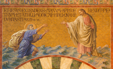 BERLIN, GERMANY, FEBRUARY - 14, 2017: The Fresco of Peter, walking on water toward Jesus in Herz...