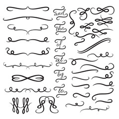 Set of vintage design elements for text. Hand drawn swirls, flourishes, dividers and curls. Vector illustration. - 138854469