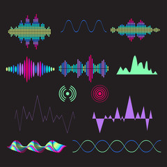 Sound waves set. Audio technology, musical pulse. Vector illustration.