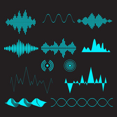 Sound waves set. Audio technology, musical pulse. Vector illustration. - 138854604