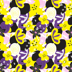 Fototapeta premium Free hand bold floral seamless pattern. Wild flowers background. Vector illustration.