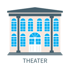 Theater building front veiw in flat style. Theater facade. Vector illustration.