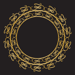 Gold round frame with floral elements. Greeting card with place for text, gold menu and invitation border. Vector illustration.