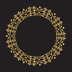 Gold round frame with floral elements. Greeting card with place for text, gold menu and invitation border. Vector illustration.