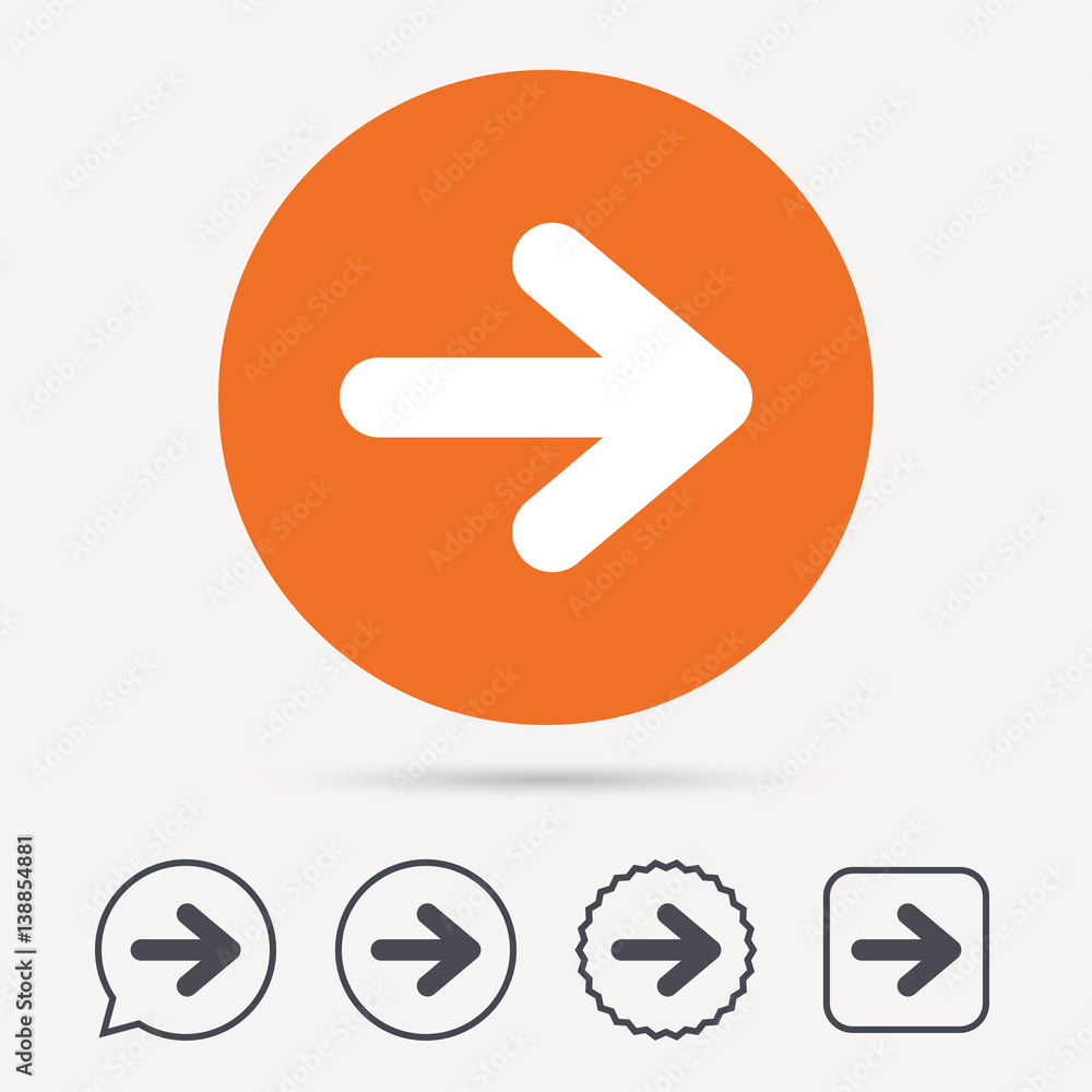 Poster arrow icon. next navigation symbol. circle, speech bubble and star buttons. flat web icons. vector