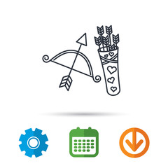 Amour arrows and bow icon. Valentine weapon sign. Calendar, cogwheel and download arrow signs. Colored flat web icons. Vector