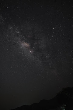 The Milky Way over the mountains in vertical view. Long exposure photograph.