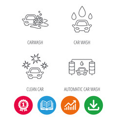 Car wash icons. Automatic cleaning station linear signs. Clean car, automatic carwash flat line icons. Award medal, growth chart and opened book web icons. Download arrow. Vector