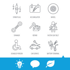 Accumulator, spanner tool and car service icons. Repair toolbox, wheel and spark plug linear signs. Disabled person, battery terminal icons. Light bulb, speech bubble and leaf web icons. Vector