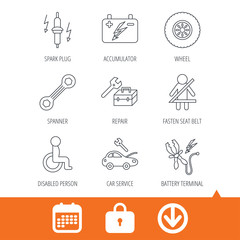 Accumulator, spanner tool and car service icons. Repair toolbox, wheel and spark plug linear signs. Disabled person, battery terminal icons. Download arrow, locker and calendar web icons. Vector