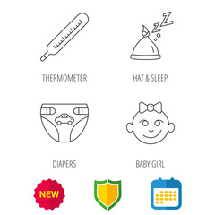 Thermometer, diapers and sleep hat icons. Baby girl linear sign. Shield protection, calendar and new tag web icons. Vector