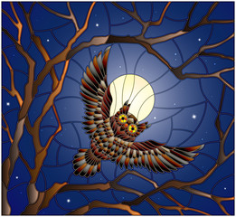 The illustration in stained glass style painting with the owl in the night starry sky and moon in between the branches of the tree