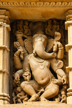 Close up of artful ancient sculptures, Khajuraho Group of Monuments, India