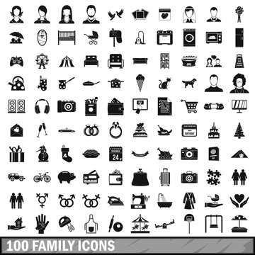 100 family icons set in simple style