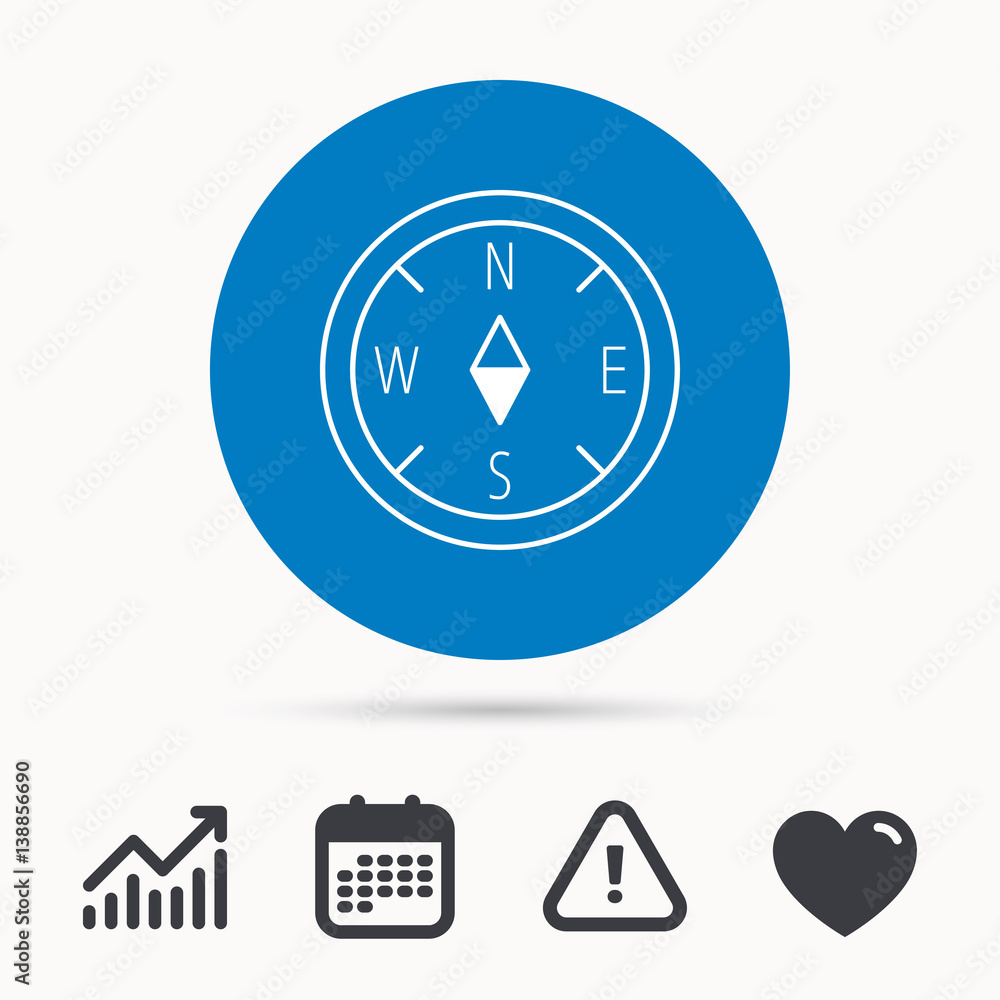 Poster compass navigation icon. geographical orientation sign calendar, attention sign and growth chart. bu