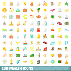 100 wealth icons set, cartoon style
