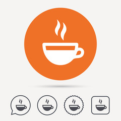 Coffee cup icon. Hot tea drink symbol. Circle, speech bubble and star buttons. Flat web icons. Vector