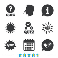 Quiz icons. Speech bubble with check mark symbol.