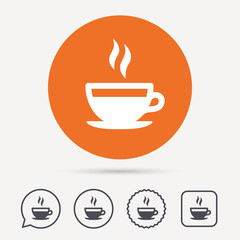 Coffee cup icon. Hot tea drink symbol. Circle, speech bubble and star buttons. Flat web icons. Vector