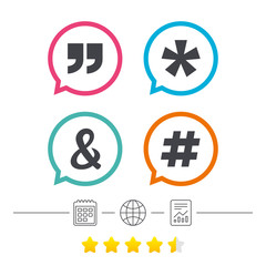 Quote, asterisk footnote icons. Hashtag symbol.