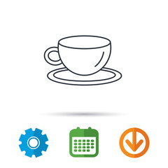 Coffee cup icon. Tea or hot drink sign. Calendar, cogwheel and download arrow signs. Colored flat web icons. Vector
