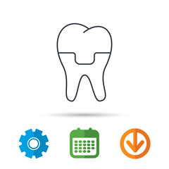 Dental crown icon. Tooth prosthesis sign. Calendar, cogwheel and download arrow signs. Colored flat web icons. Vector