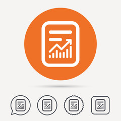 Report file icon. Document page with statistics symbol. Circle, speech bubble and star buttons. Flat web icons. Vector