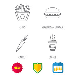 Vegetarian burger, chips and coffee icons. Carrot linear sign. Shield protection, calendar and new tag web icons. Vector