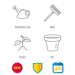Sprout plant, watering can and pot icons. Rake linear sign. Shield protection, calendar and new tag web icons. Vector