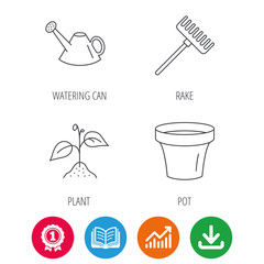 Sprout plant, watering can and pot icons. Rake linear sign. Award medal, growth chart and opened book web icons. Download arrow. Vector