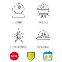 Worker, minerals and engineering helm icons. Electricity station linear sign. Shield protection, calendar and new tag web icons. Vector