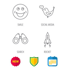 Rocket, social media and search icons. Smiling face linear sign. Shield protection, calendar and new tag web icons. Vector