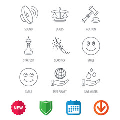 Scales of justice, auction hammer and strategy icons. Save planet and water linear signs. Smile, slapstick icons. New tag, shield and calendar web icons. Download arrow. Vector