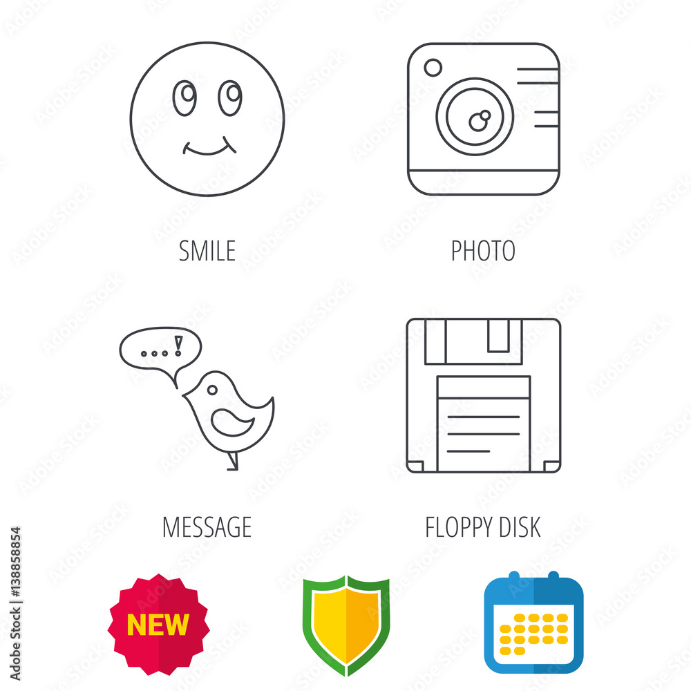 Poster photo camera, floppy disk and message icons. smiling face linear sign. shield protection, calendar a