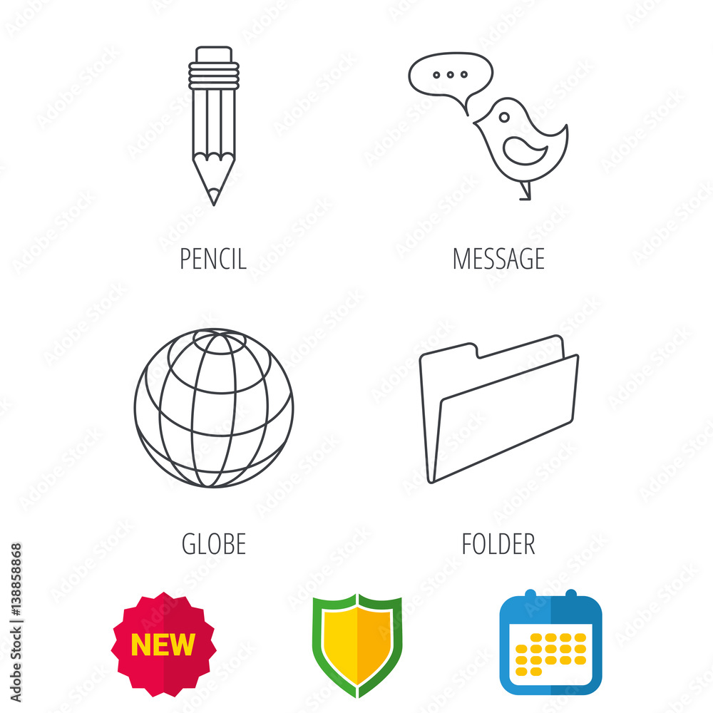 Poster pencil, message and world globe icons. folder linear sign. shield protection, calendar and new tag w