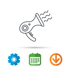 Hairdryer icon. Electronic blowdryer sign. Hairdresser equipment symbol. Calendar, cogwheel and download arrow signs. Colored flat web icons. Vector