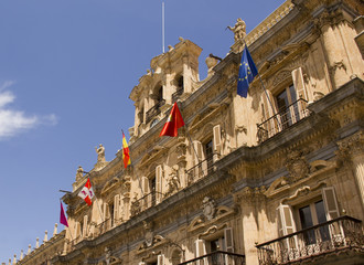 Fototapeta na wymiar Flags on Plaza Mayor in Salamanca, Spain