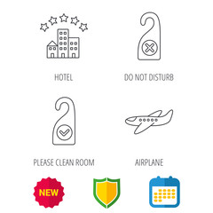 Hotel, airplane and do not disturb icons. Clean room linear sign. Shield protection, calendar and new tag web icons. Vector