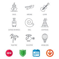 Cruise, airplane and helicopter icons. Palm tree, shell and lighthouse linear signs. Air balloon, guitar and luggage icons. New tag, shield and calendar web icons. Download arrow. Vector