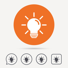 Light bulb icon. Lamp sign. Illumination technology symbol. Circle, speech bubble and star buttons. Flat web icons. Vector