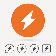 Lightning icon. Electricity energy power symbol. Circle, speech bubble and star buttons. Flat web icons. Vector