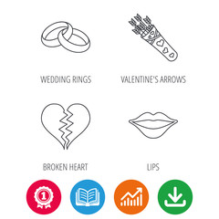 Broken heart, kiss and wedding rings icons. Valentine amour arrows linear sign. Award medal, growth chart and opened book web icons. Download arrow. Vector