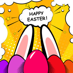 Happy Easter background with eggs and rabbit ears. Comics style. Vector. - 138860023