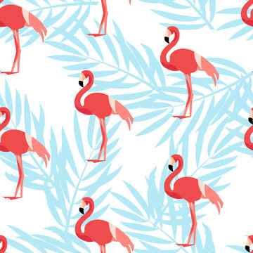 Seamless pattern with flamingo and palm branches. Ornament for textile and wrapping. Vector background.