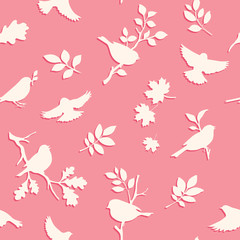 Seamless pattern with bird and twig silhouettes. Pink background with spring birds