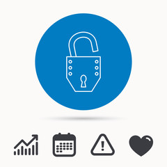 Open lock icon. Padlock or protection sign. Password symbol. Calendar, attention sign and growth chart. Button with web icon. Vector